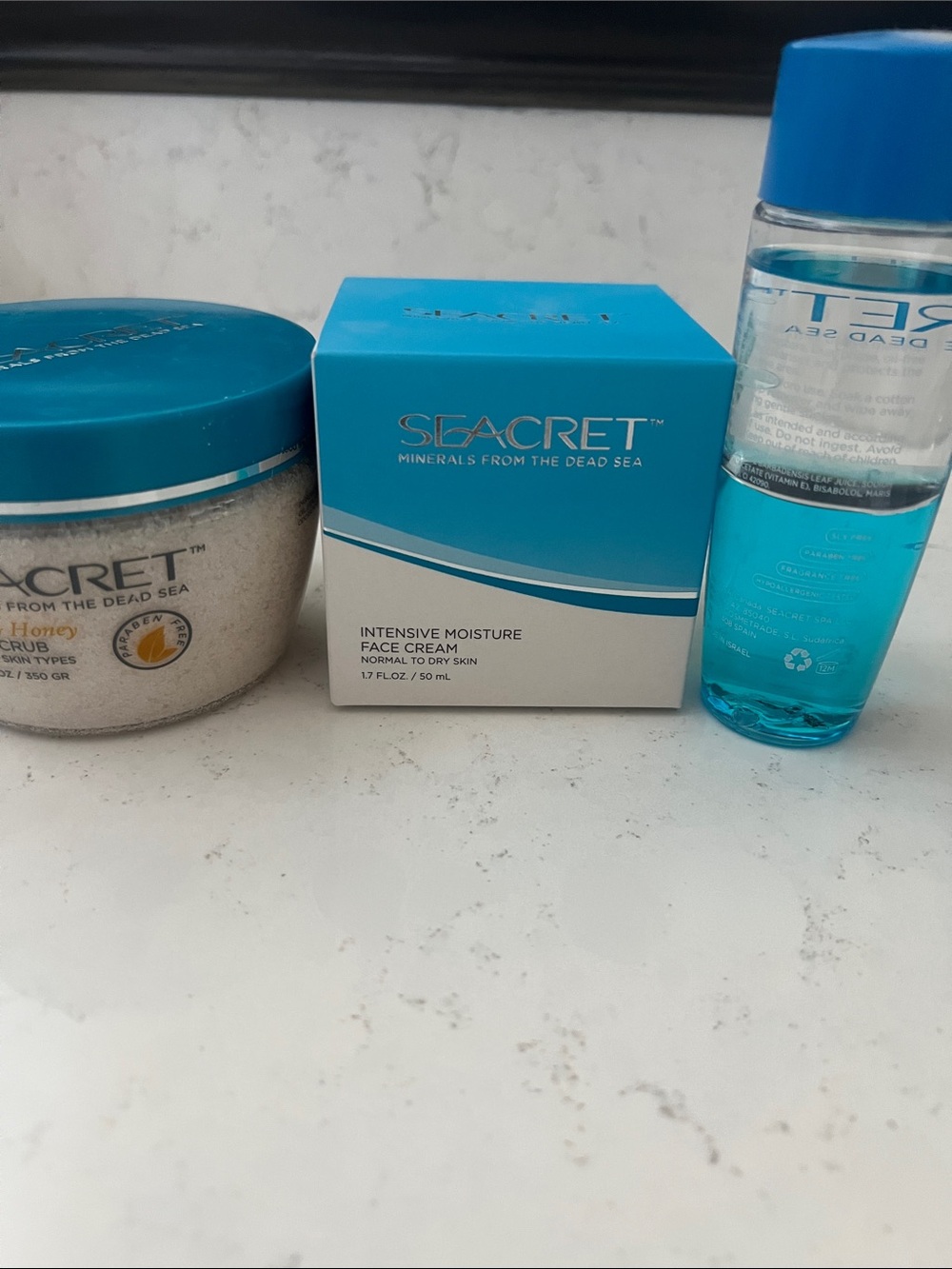 Seacret Intensive Moisture Face Cream, Salt scrub and makeup remover.